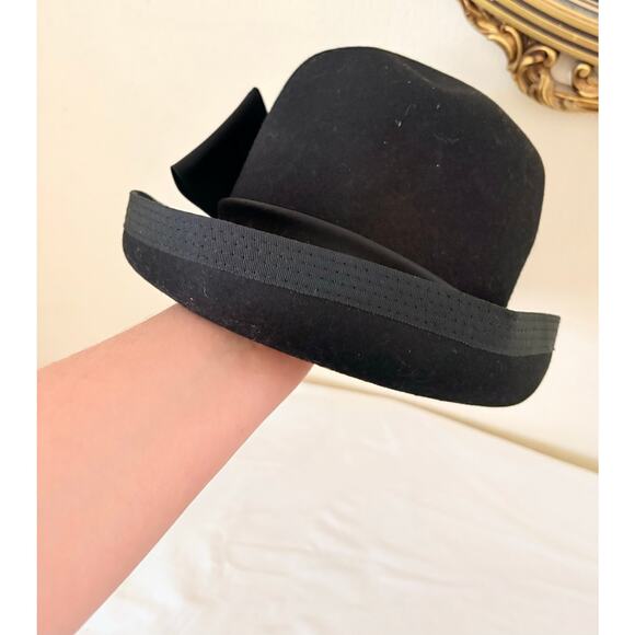 Vintage Miss Eileen Black Felt Bowler Hat Satin Bow Cloche Derby Womens main image 6